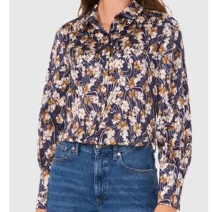 Halogen Navy Floral Button Down Satin Long Sleeve Collared Shirt